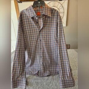 Boss Men's Casual Blue and Orange Plaid Shirt